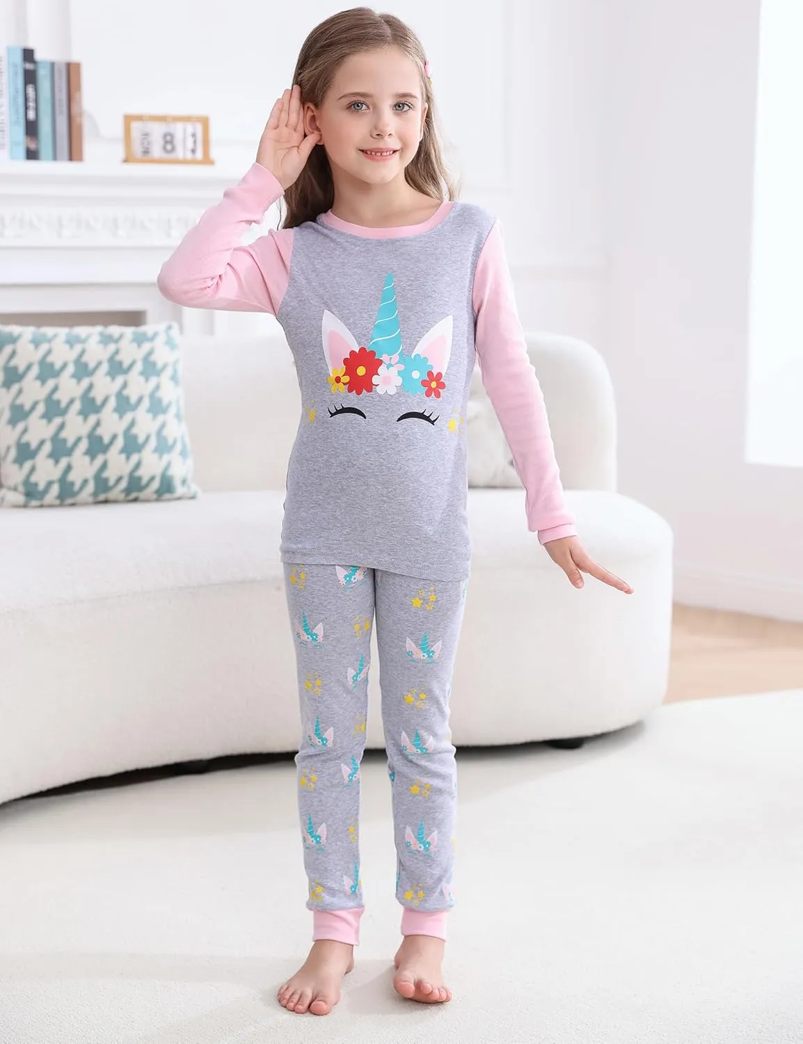 Joyond Girls' 4-Piece Snug Fit Cotton Pajama Set Size 2T-12Years, Kids Girls Long-Sleeve Clothes Top and Pants Sleepwear Sets