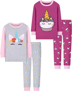 Joyond Girls' 4-Piece Snug Fit Cotton Pajama Set Size 2T-12Years, Kids Girls Long-Sleeve Clothes Top and Pants Sleepwear Sets