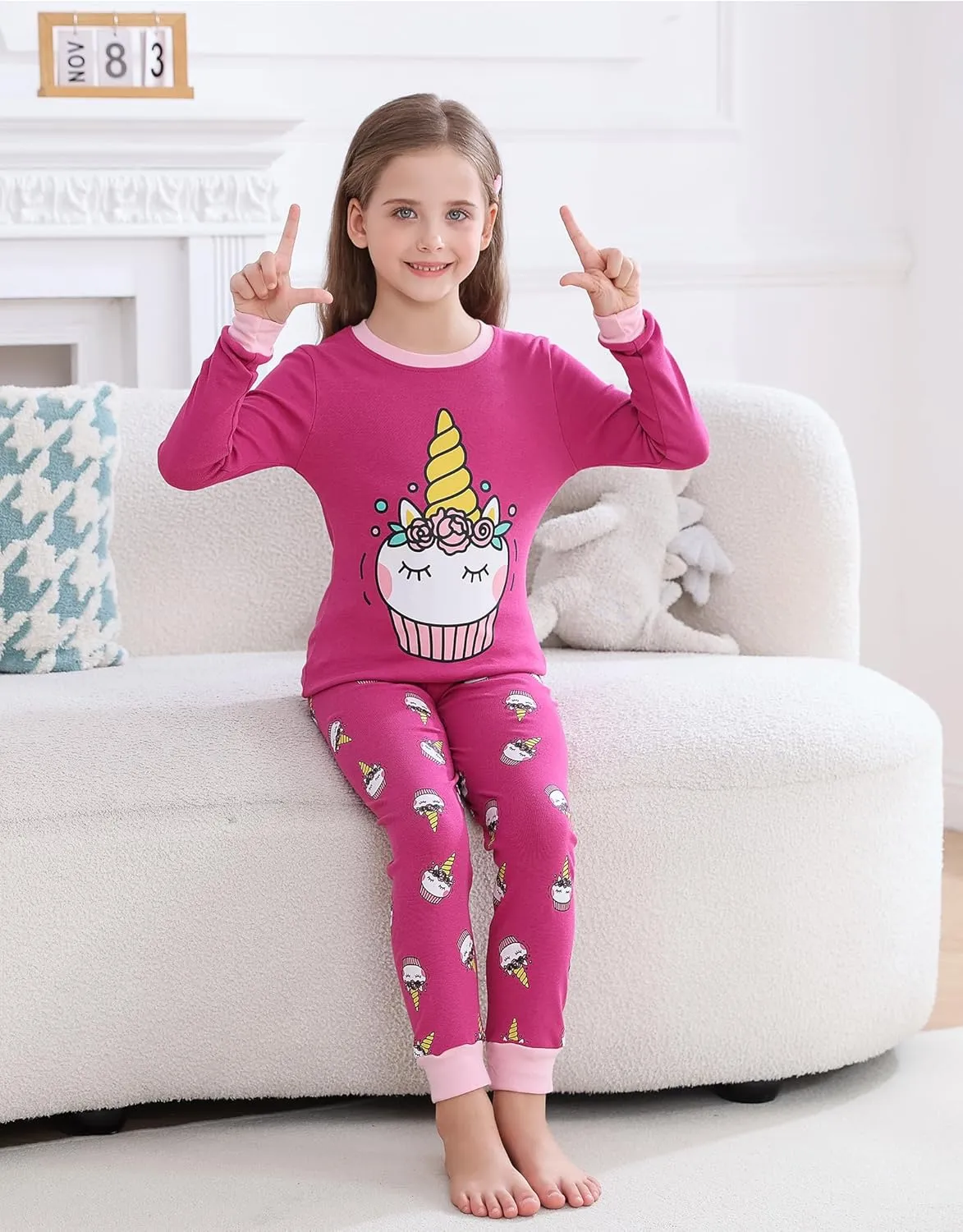 Joyond Girls' 4-Piece Snug Fit Cotton Pajama Set Size 2T-12Years, Kids Girls Long-Sleeve Clothes Top and Pants Sleepwear Sets