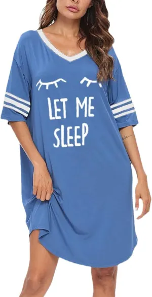 KAMONG Sleep Shirts for Women Short Sleeve Cotton Novelty Night Shirts V Neck Oversized Nightgowns Cute Printed Nightdress