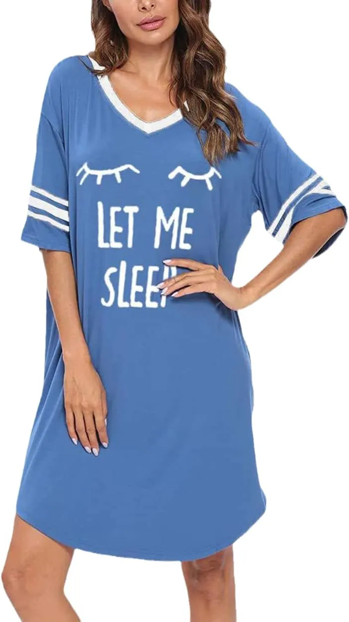 KAMONG Sleep Shirts for Women Short Sleeve Cotton Novelty Night Shirts V Neck Oversized Nightgowns Cute Printed Nightdress