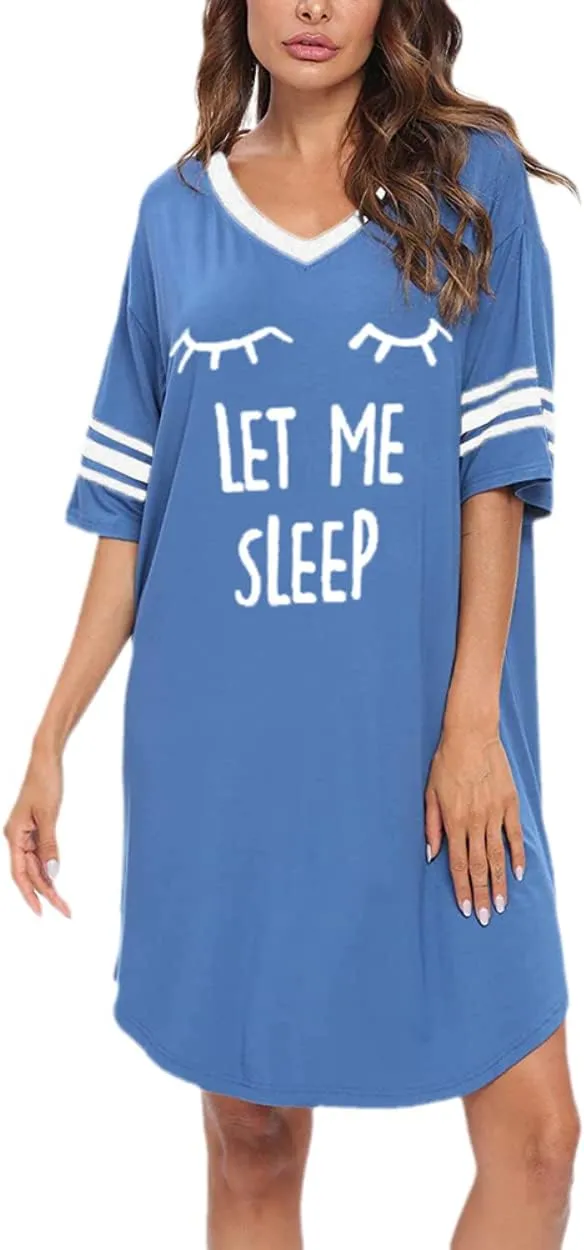 KAMONG Sleep Shirts for Women Short Sleeve Cotton Novelty Night Shirts V Neck Oversized Nightgowns Cute Printed Nightdress