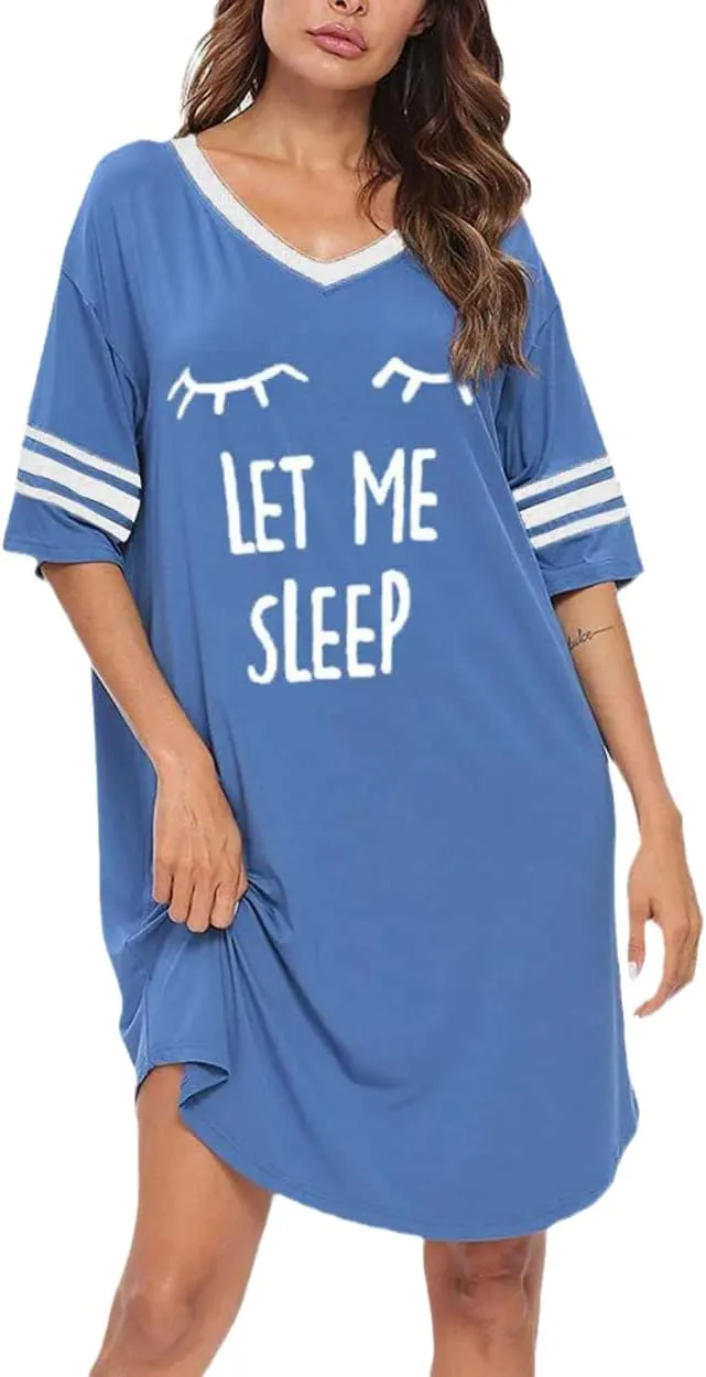 KAMONG Sleep Shirts for Women Short Sleeve Cotton Novelty Night Shirts V Neck Oversized Nightgowns Cute Printed Nightdress