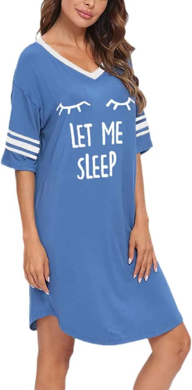 KAMONG Sleep Shirts for Women Short Sleeve Cotton Novelty Night Shirts V Neck Oversized Nightgowns Cute Printed Nightdress