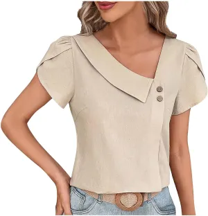 Lastesso Linen Tops for Women 2024 Casual Collared Business Blouses Tops Puff Sleeve Crop Shirts Loose Summer Work Clothes