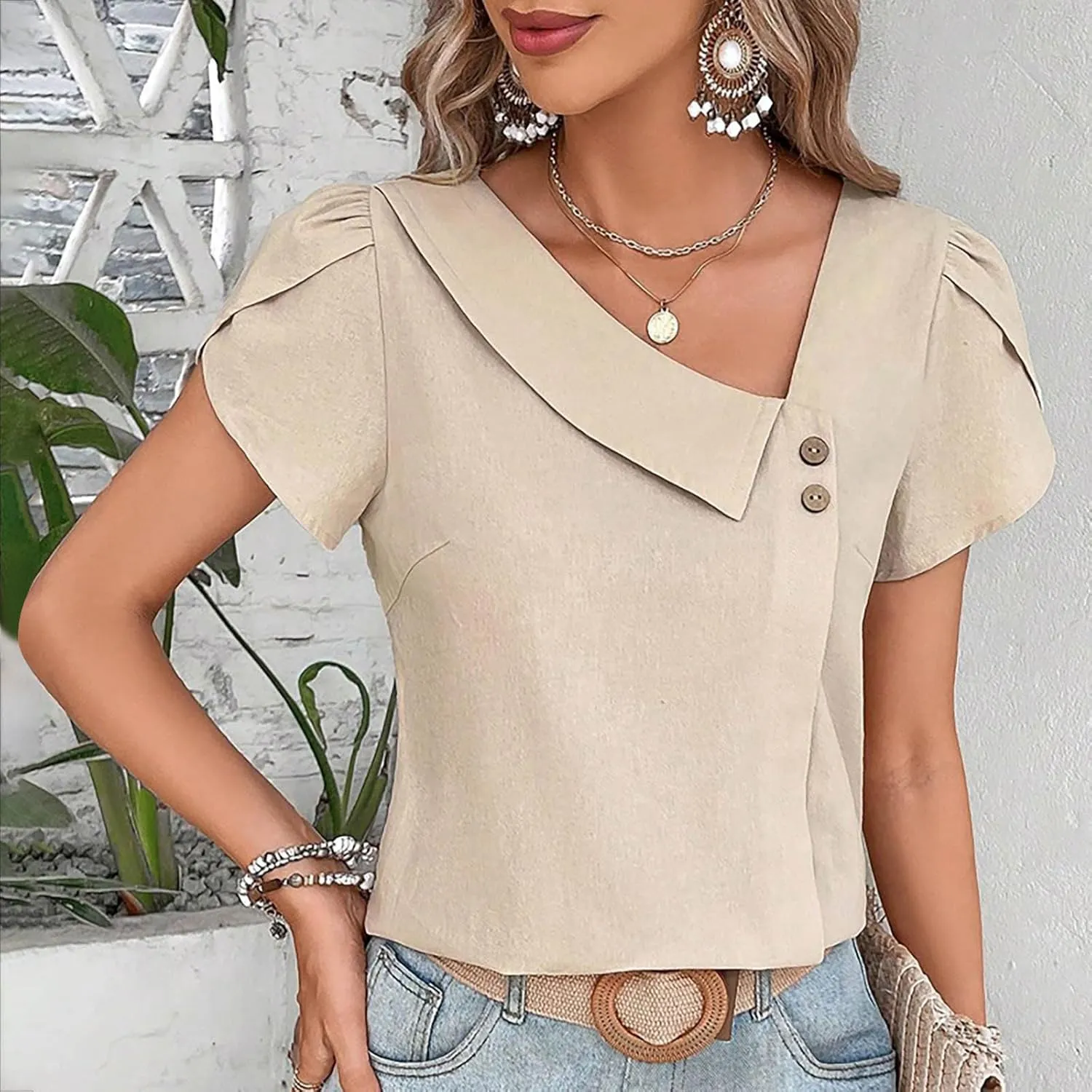 Lastesso Linen Tops for Women 2024 Casual Collared Business Blouses Tops Puff Sleeve Crop Shirts Loose Summer Work Clothes