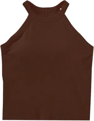 Lastesso Tank Tops with Built in Bras Sleeveless Racerback Casual Basic Ribbed Shirts High Neck Slim Fitted Crop Shirts