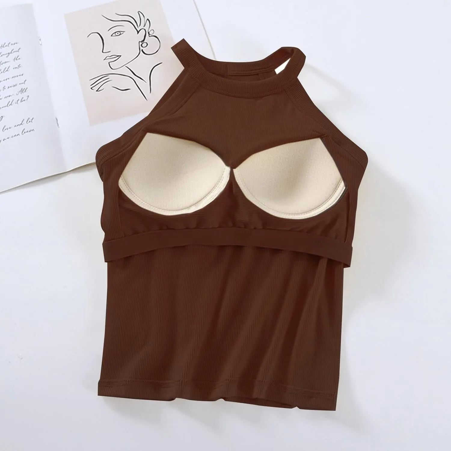 Lastesso Tank Tops with Built in Bras Sleeveless Racerback Casual Basic Ribbed Shirts High Neck Slim Fitted Crop Shirts