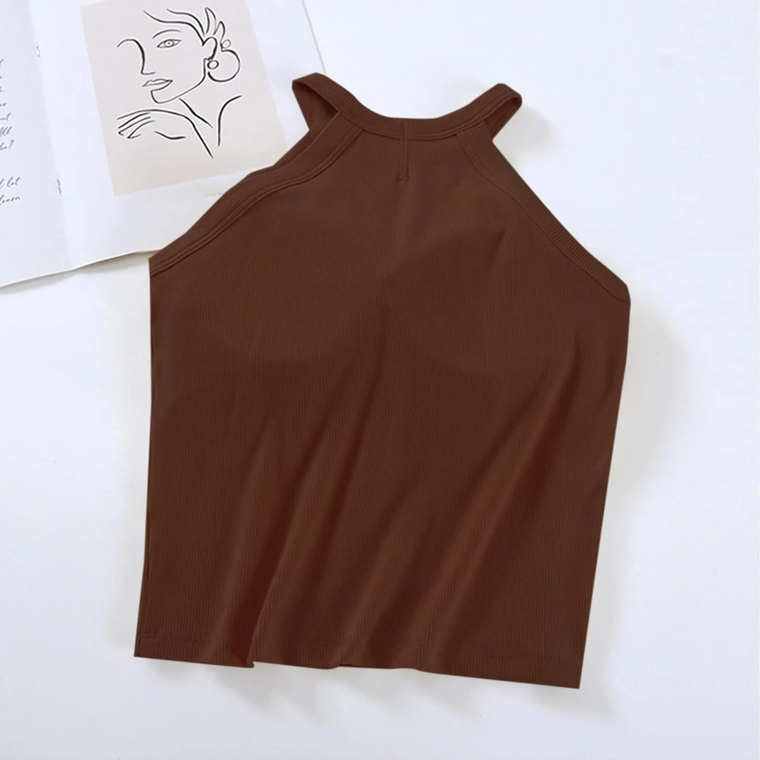 Lastesso Tank Tops with Built in Bras Sleeveless Racerback Casual Basic Ribbed Shirts High Neck Slim Fitted Crop Shirts