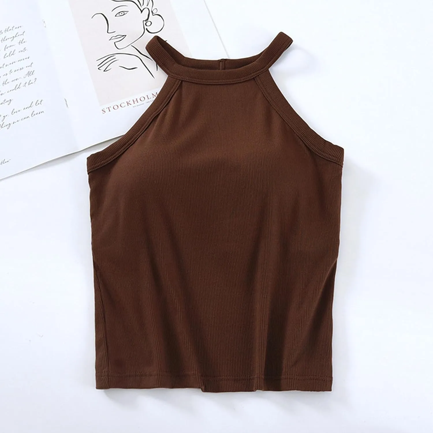 Lastesso Tank Tops with Built in Bras Sleeveless Racerback Casual Basic Ribbed Shirts High Neck Slim Fitted Crop Shirts