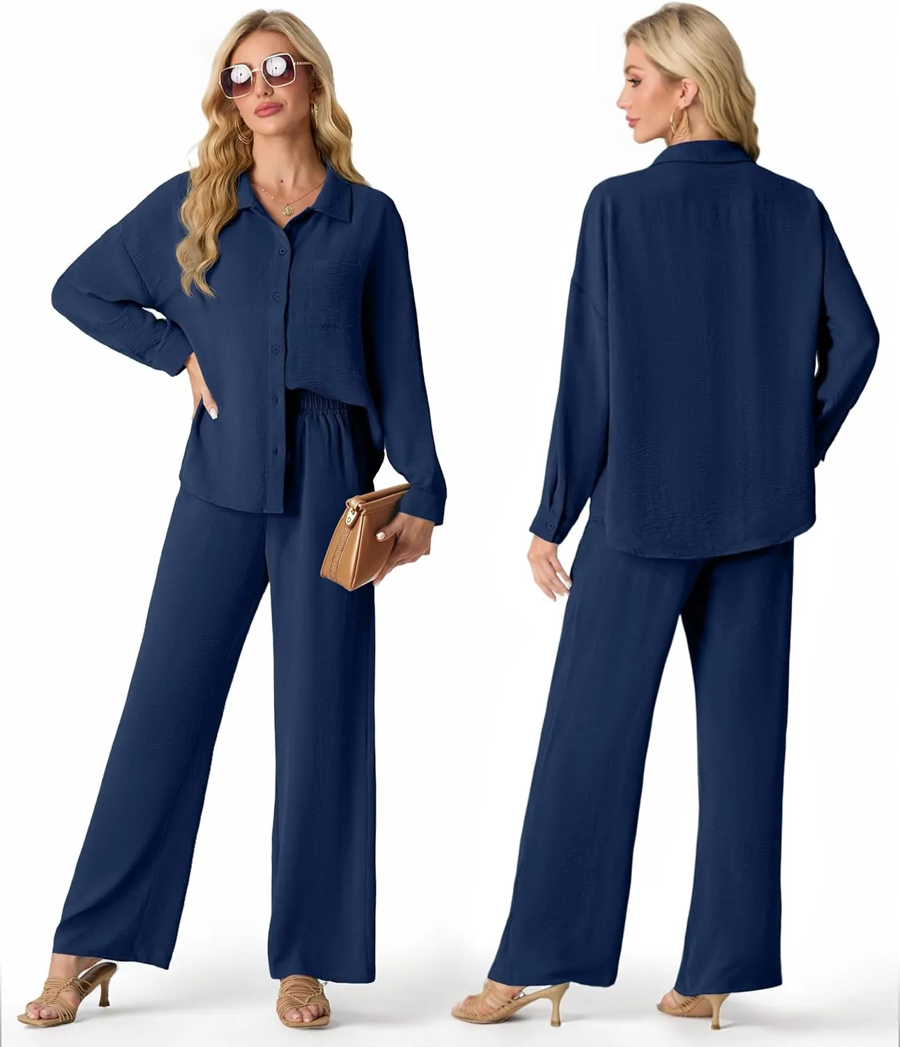 Lepunuo 2 Piece Outfits for Women Casual Lounge Sets Long Sleeve Button Down Shirts and Wide Leg Pants Sets Tracksuit