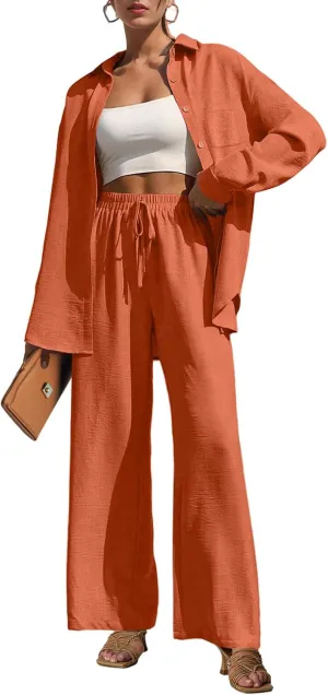 Lepunuo 2 Piece Outfits for Women Casual Lounge Sets Long Sleeve Button Down Shirts and Wide Leg Pants Sets Tracksuit