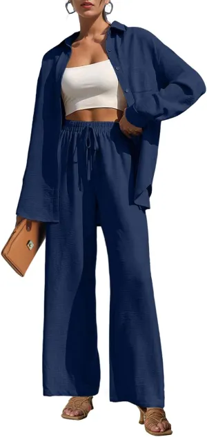 Lepunuo 2 Piece Outfits for Women Casual Lounge Sets Long Sleeve Button Down Shirts and Wide Leg Pants Sets Tracksuit