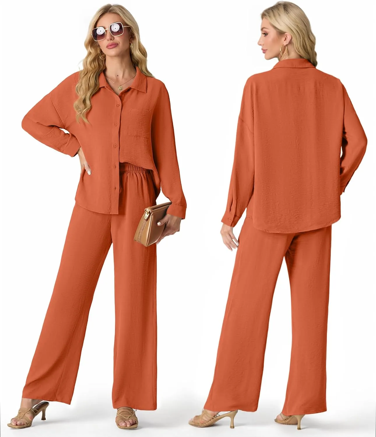 Lepunuo 2 Piece Outfits for Women Casual Lounge Sets Long Sleeve Button Down Shirts and Wide Leg Pants Sets Tracksuit