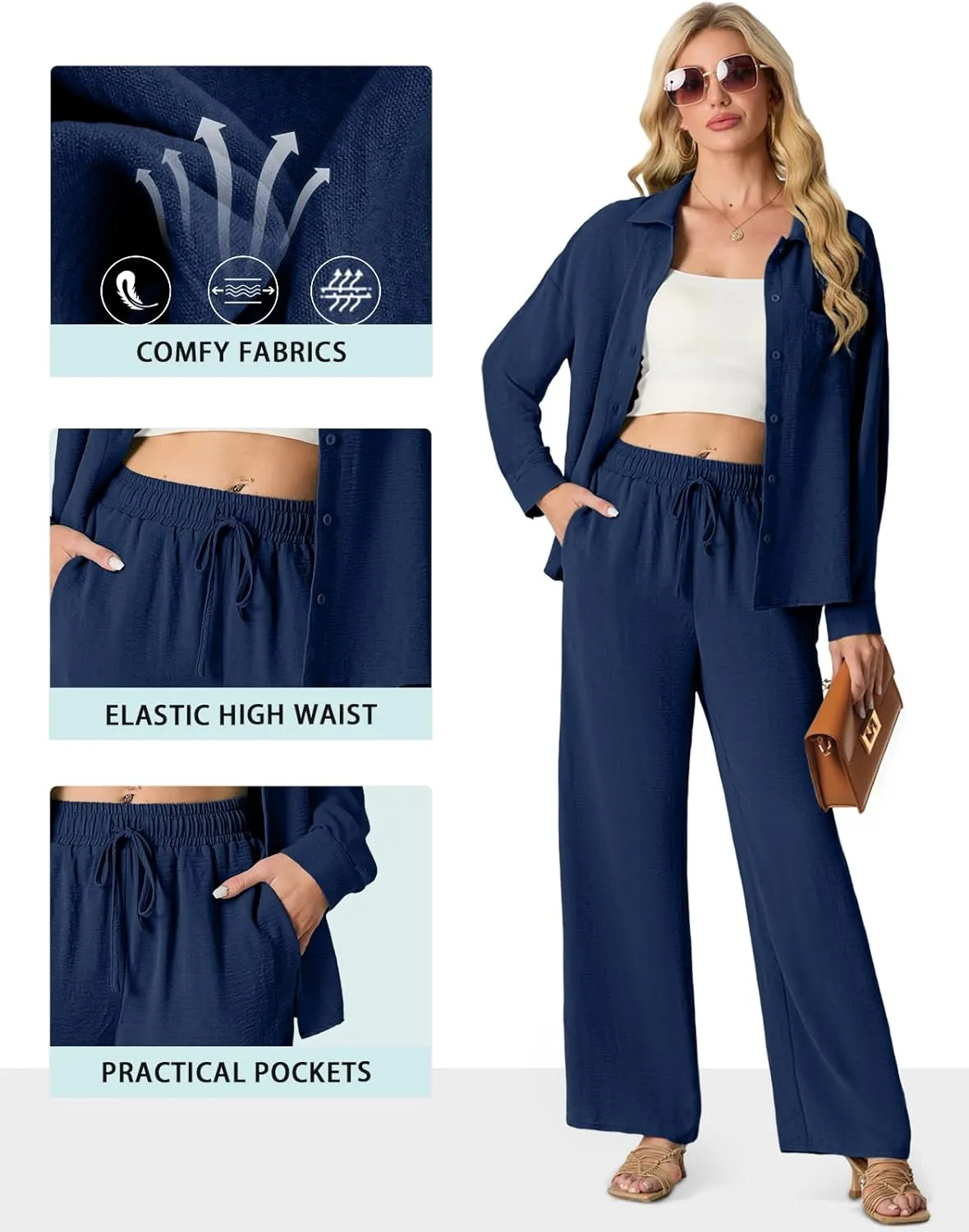 Lepunuo 2 Piece Outfits for Women Casual Lounge Sets Long Sleeve Button Down Shirts and Wide Leg Pants Sets Tracksuit