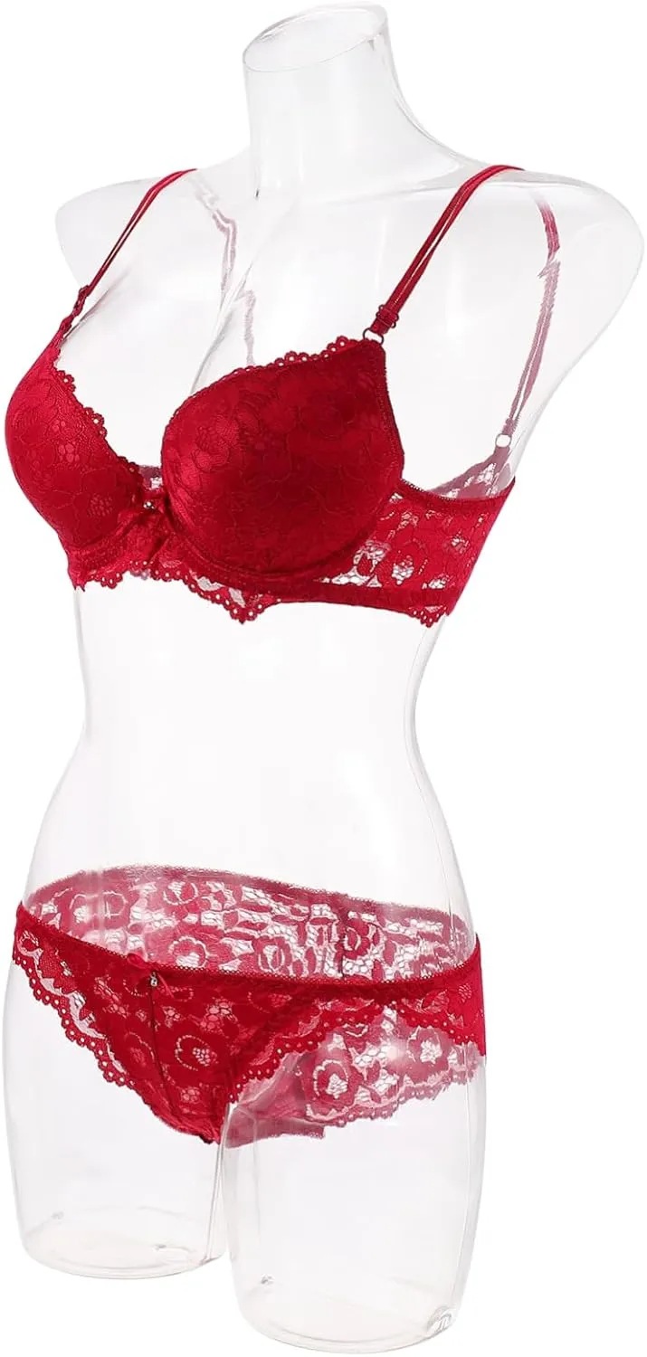 LIFKOME 1Set Lace Underwear for Women Padded Bralette and Panty Stylish and Comfortable for Special Occasions and Everyday Wear Red