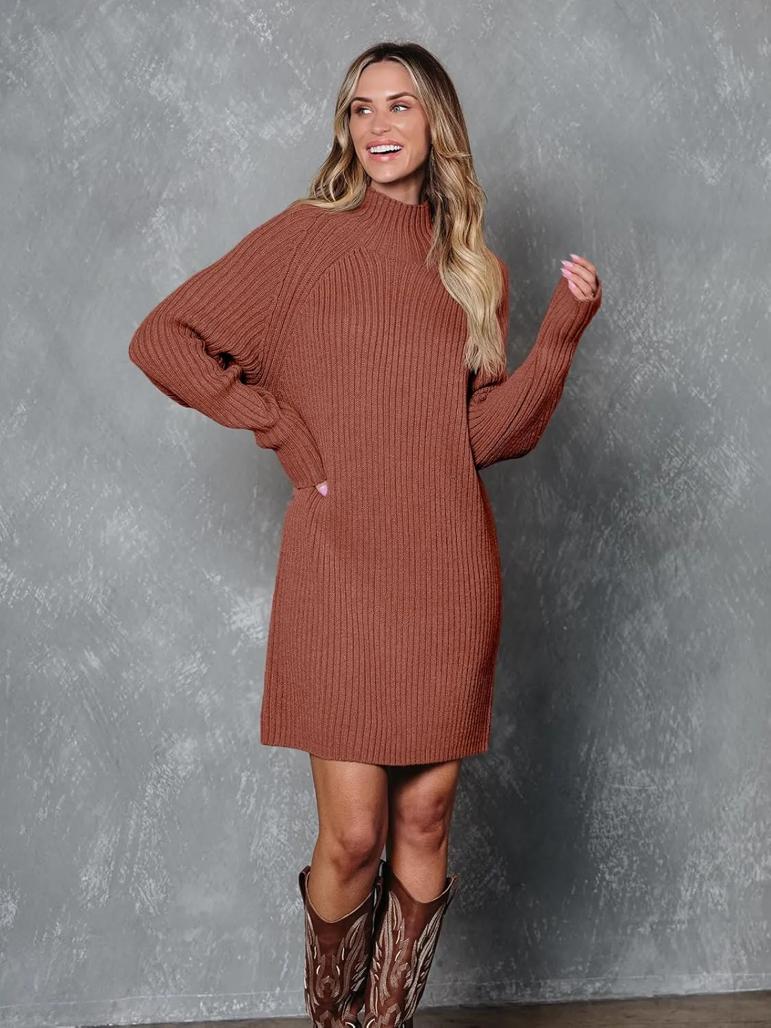 LILLUSORY Sweater Dresses for Women 2025 Fall Fashion Mock Neck Long Lantern Sleeve Oversized Outfits Knit Sweater Tops