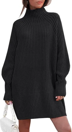LILLUSORY Sweater Dresses for Women 2025 Fall Fashion Mock Neck Long Lantern Sleeve Oversized Outfits Knit Sweater Tops