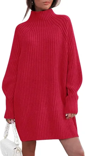 LILLUSORY Sweater Dresses for Women 2025 Fall Fashion Mock Neck Long Lantern Sleeve Oversized Outfits Knit Sweater Tops