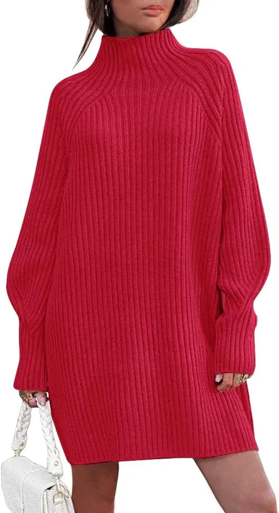 LILLUSORY Sweater Dresses for Women 2025 Fall Fashion Mock Neck Long Lantern Sleeve Oversized Outfits Knit Sweater Tops