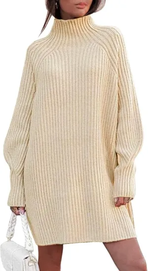 LILLUSORY Sweater Dresses for Women 2025 Fall Fashion Mock Neck Long Lantern Sleeve Oversized Outfits Knit Sweater Tops