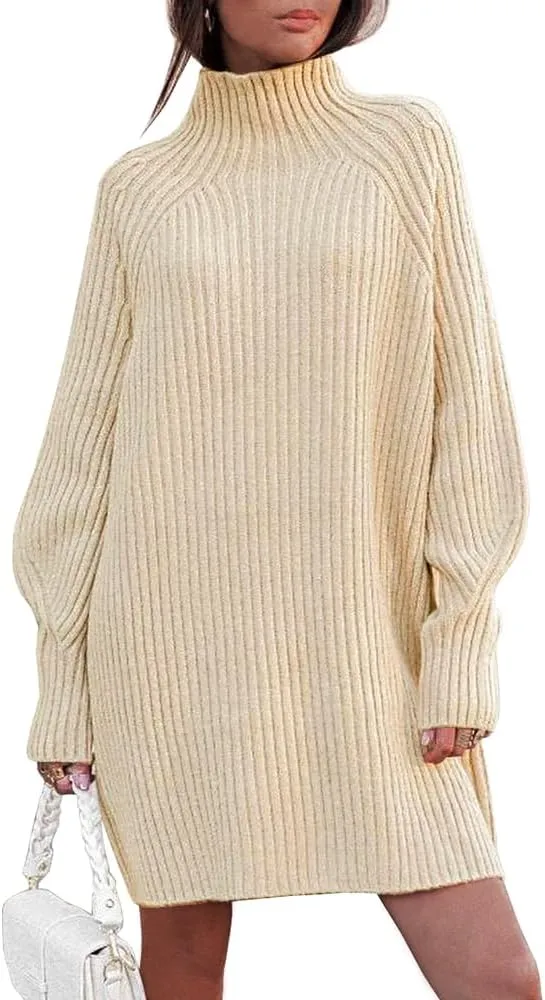 LILLUSORY Sweater Dresses for Women 2025 Fall Fashion Mock Neck Long Lantern Sleeve Oversized Outfits Knit Sweater Tops