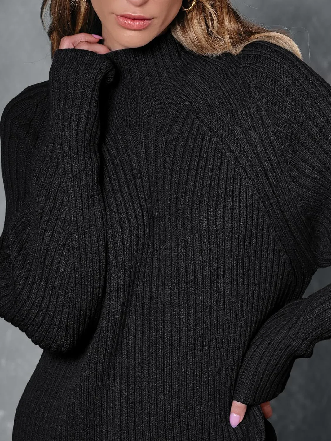 LILLUSORY Sweater Dresses for Women 2025 Fall Fashion Mock Neck Long Lantern Sleeve Oversized Outfits Knit Sweater Tops