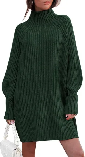 LILLUSORY Sweater Dresses for Women 2025 Fall Fashion Mock Neck Long Lantern Sleeve Oversized Outfits Knit Sweater Tops