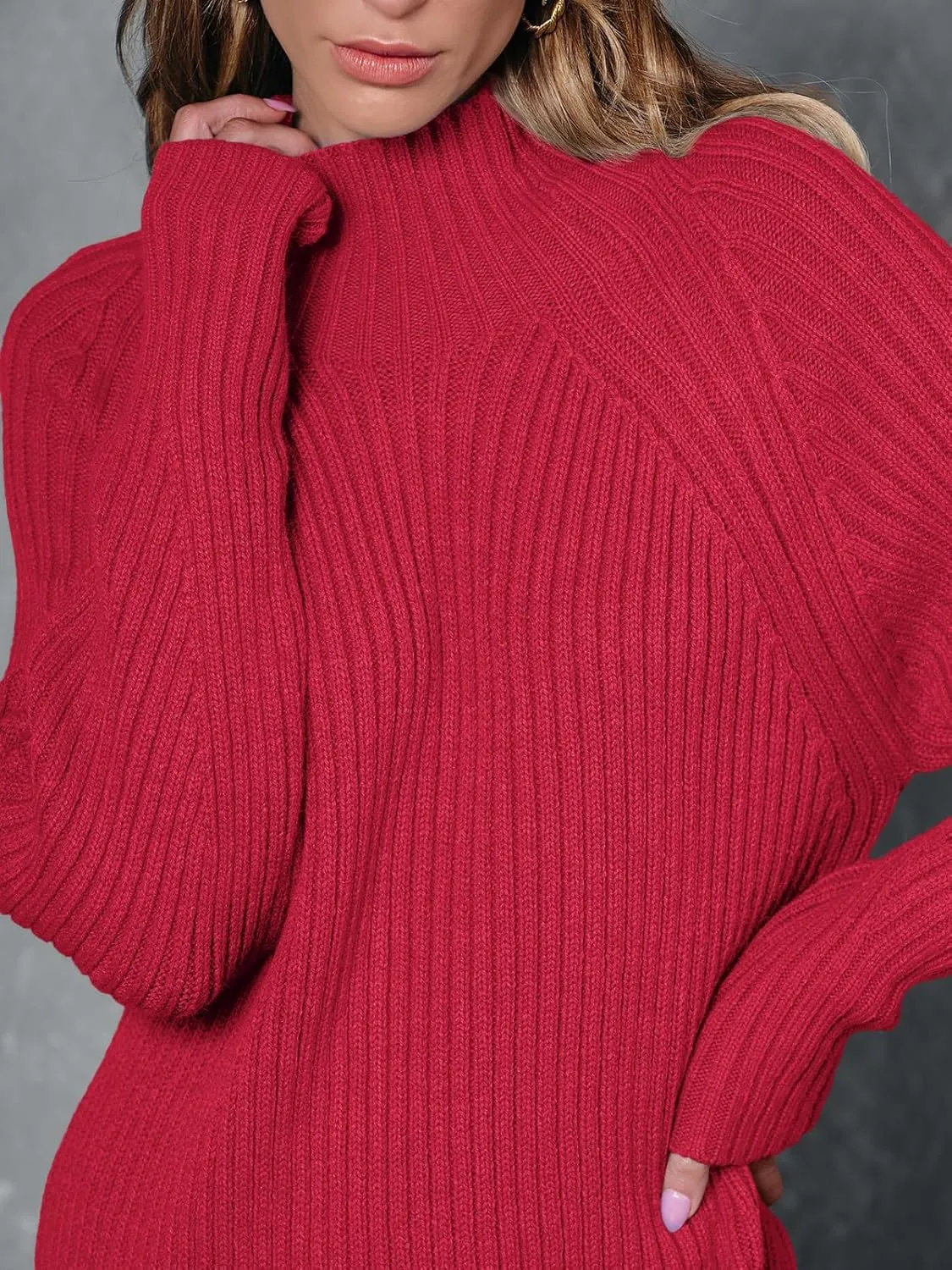 LILLUSORY Sweater Dresses for Women 2025 Fall Fashion Mock Neck Long Lantern Sleeve Oversized Outfits Knit Sweater Tops