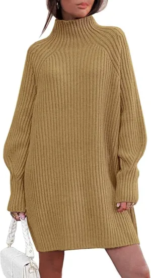 LILLUSORY Sweater Dresses for Women 2025 Fall Fashion Mock Neck Long Lantern Sleeve Oversized Outfits Knit Sweater Tops