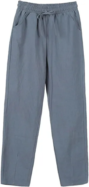 Linen Pants Women Elastic Waist Summer Pants Casual Jogger Pants Loose Fit Beach Pants Lightweight Breathable Pants