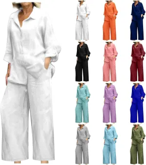 Linen Sets for Women 2 Piece 2025 Long Sleeve Shirts Wide Leg Trousers Loose Fit Dressy Cotton Linen Sets Outfits