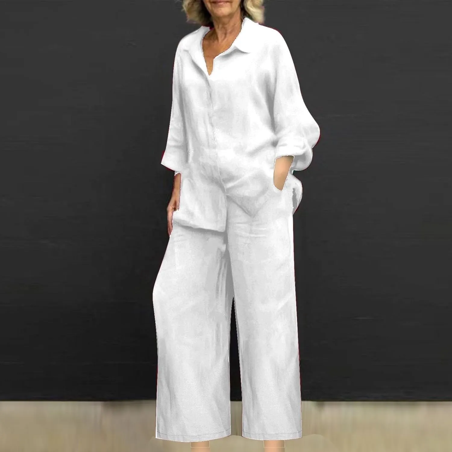 Linen Sets for Women 2 Piece 2025 Long Sleeve Shirts Wide Leg Trousers Loose Fit Dressy Cotton Linen Sets Outfits