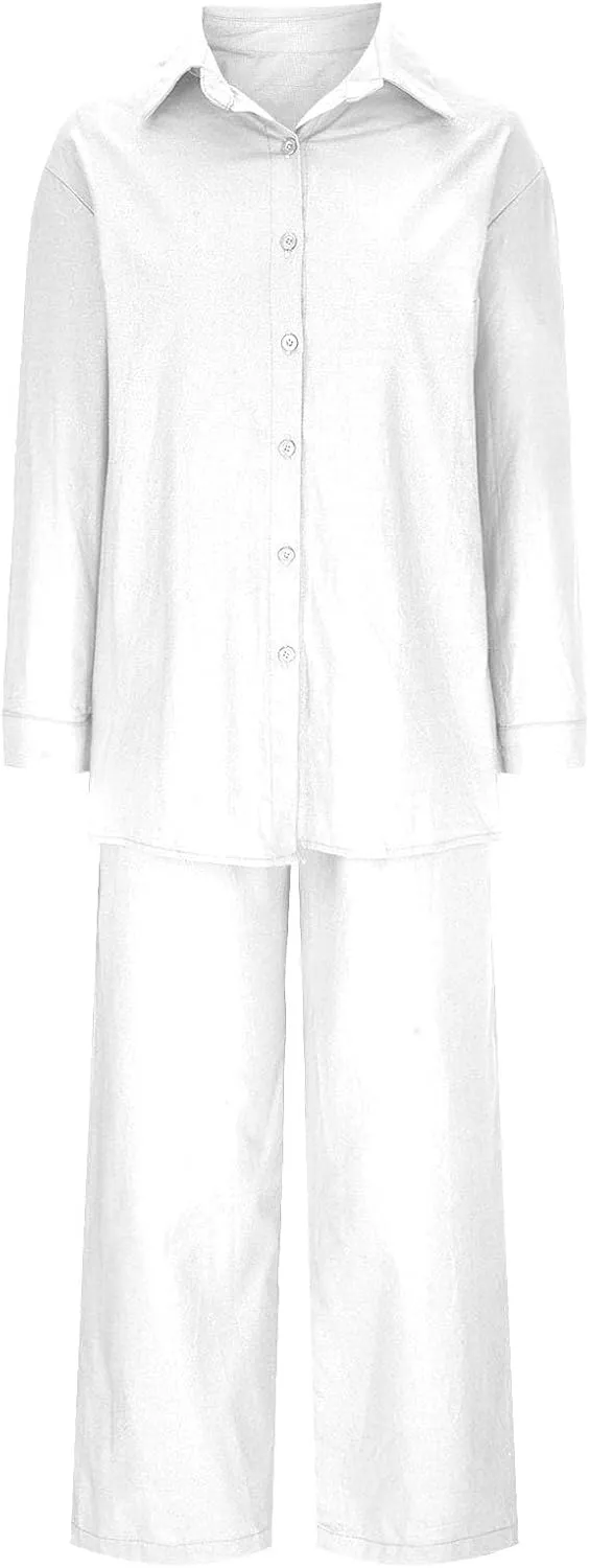 Linen Sets for Women 2 Piece 2025 Long Sleeve Shirts Wide Leg Trousers Loose Fit Dressy Cotton Linen Sets Outfits