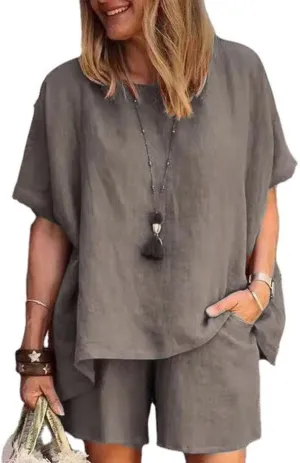 Linen Short Sets for Women 2 Piece Linen Outfits Linen Short Suits Summer Short Sleeve Linen Shirts Linen Shorts Sets