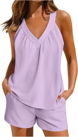 Linen Shorts Sets Women 2 Piece Outfits Vacation V Neck Halter Top Drawstring Shorts Lightweight Summer Matching Sets