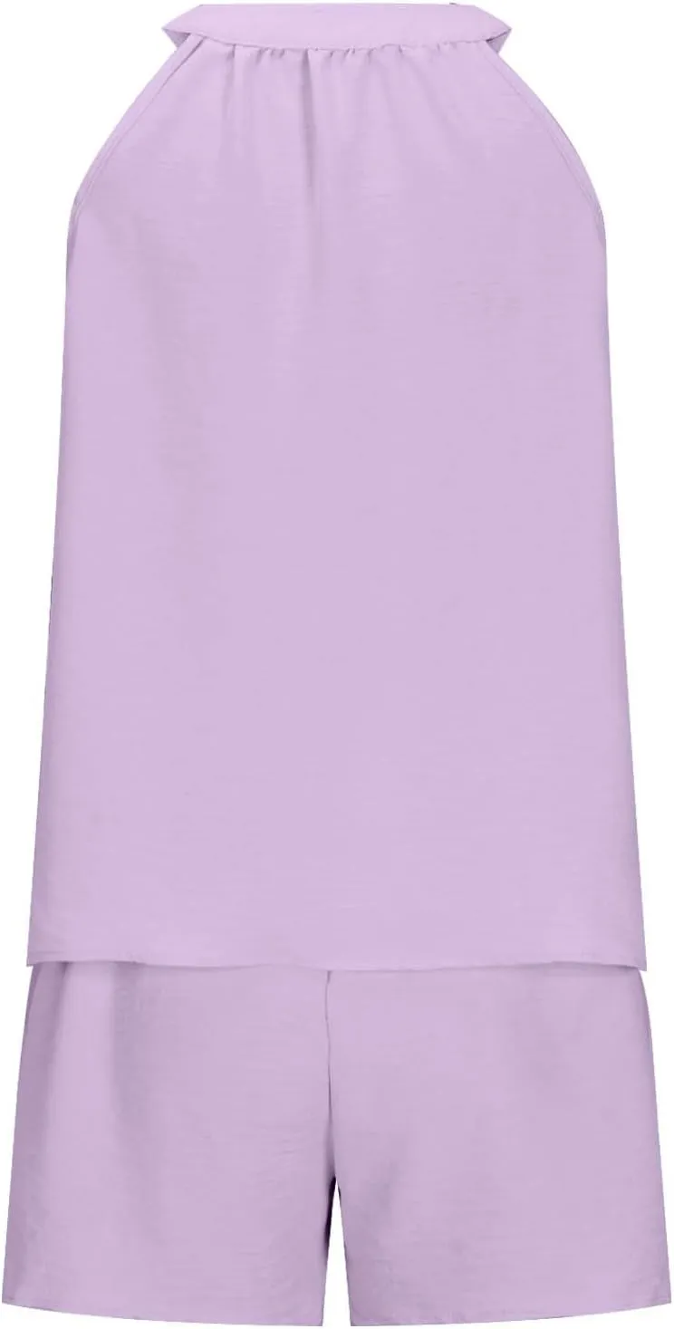 Linen Shorts Sets Women 2 Piece Outfits Vacation V Neck Halter Top Drawstring Shorts Lightweight Summer Matching Sets