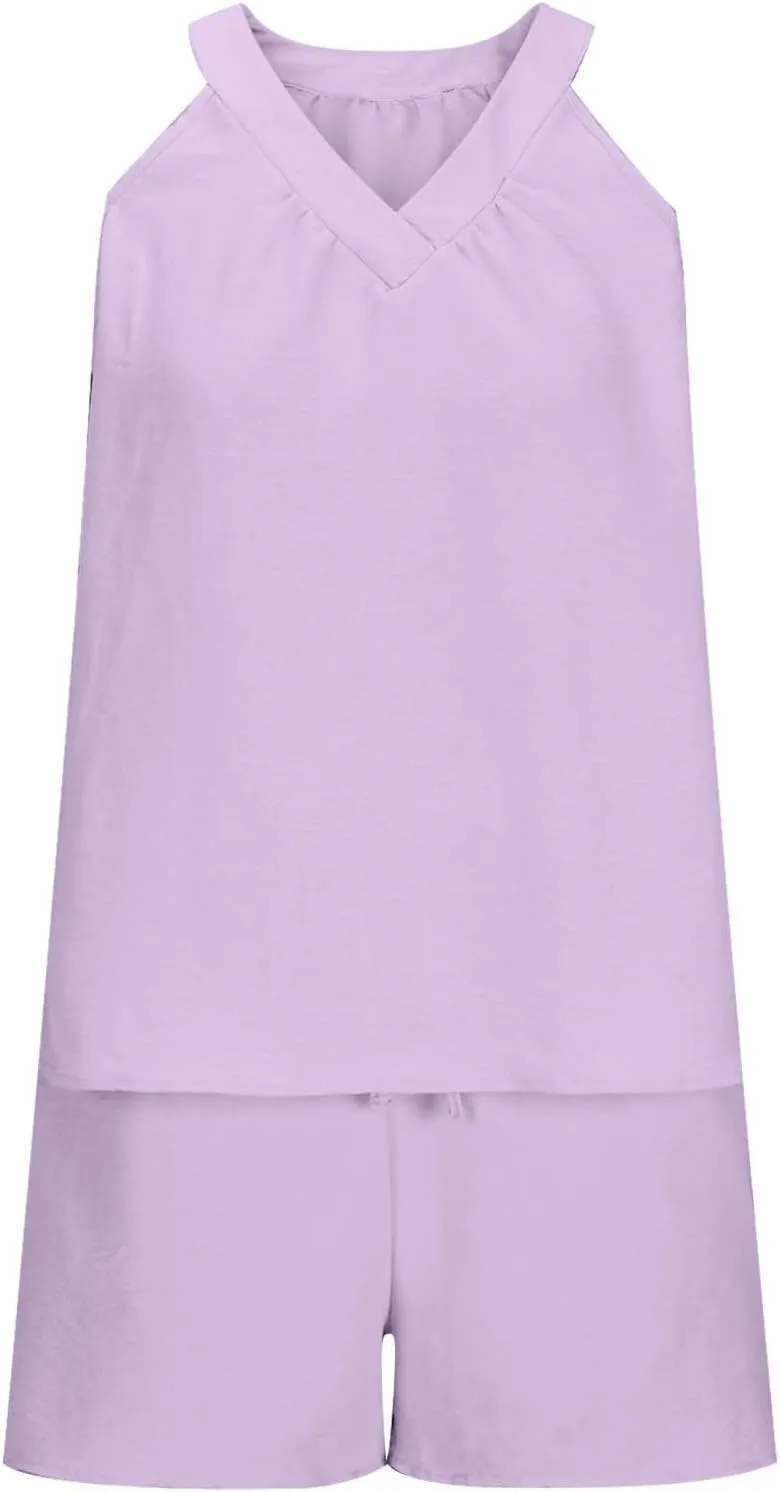 Linen Shorts Sets Women 2 Piece Outfits Vacation V Neck Halter Top Drawstring Shorts Lightweight Summer Matching Sets