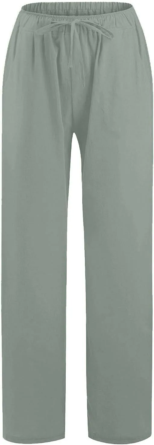 Linen Wide Leg Pants Woman Summer High Waisted Beach Pants Casual Trousers Drawstring Lounge Pants with Pockets