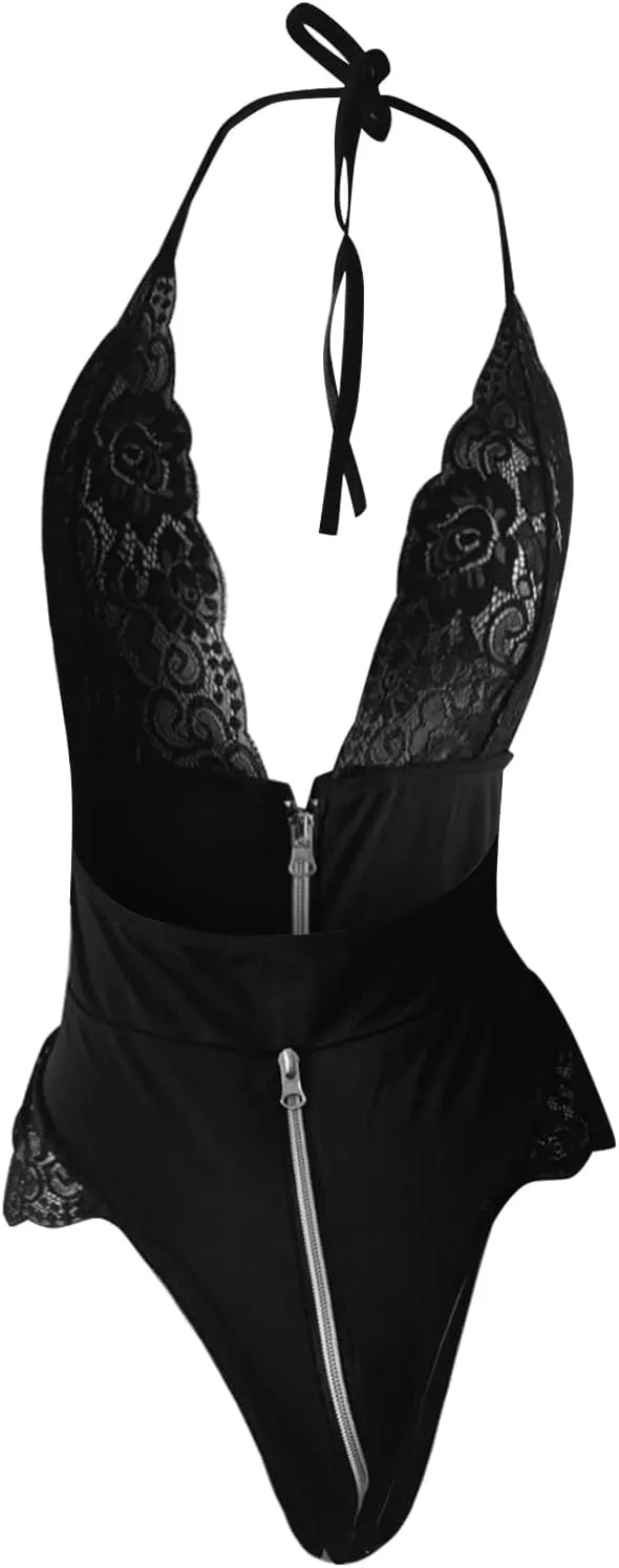 Lingerie for Women Sexy Naughty Deep V Front Zipper Bodysuit High Cut Transparent Halter Teddy Catsuit Lace Babydoll