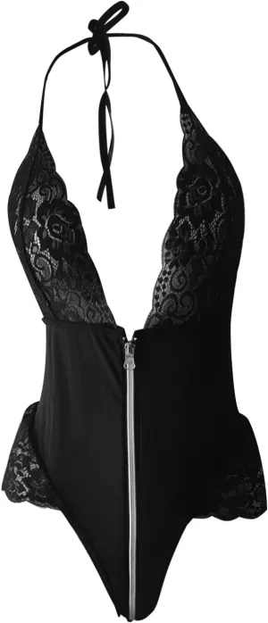Lingerie for Women Sexy Naughty Deep V Front Zipper Bodysuit High Cut Transparent Halter Teddy Catsuit Lace Babydoll