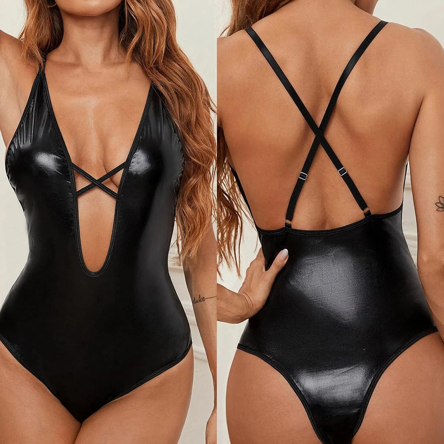 Lingerie Set for Women Sexy Naughty Teddies Patent Leather Bodysuit Halter Neck Open Front Backless Lace Up Nightwear