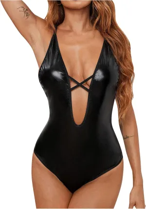 Lingerie Set for Women Sexy Naughty Teddies Patent Leather Bodysuit Halter Neck Open Front Backless Lace Up Nightwear