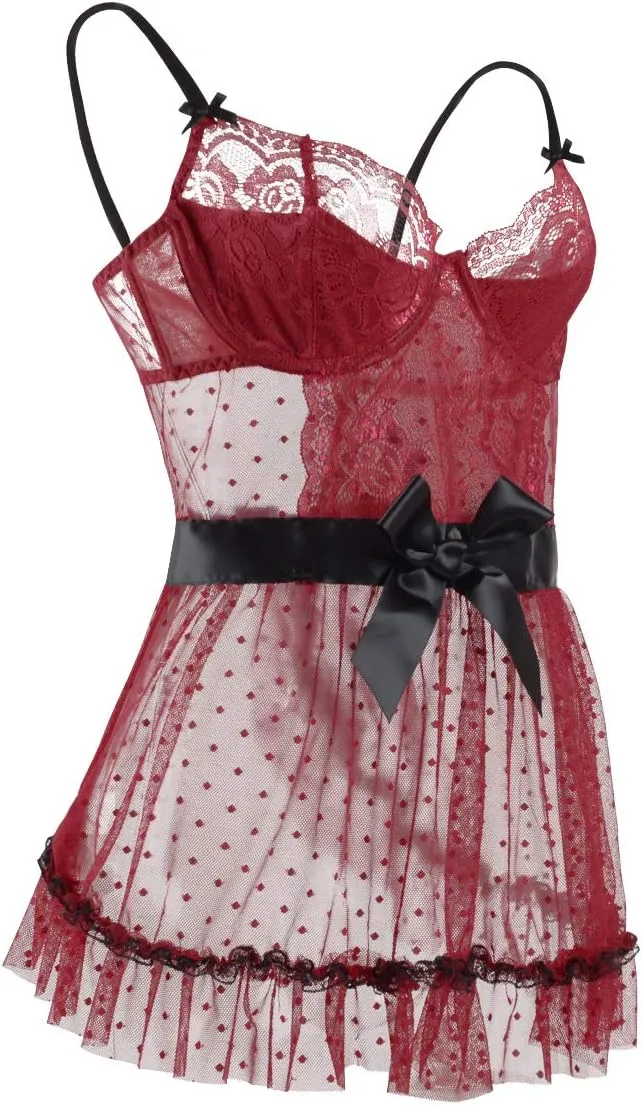 LINGERLOVE Babydoll Lingerie Nightdress for Women Plus Size Sexy Underwire Lace Chemise Sleepwear