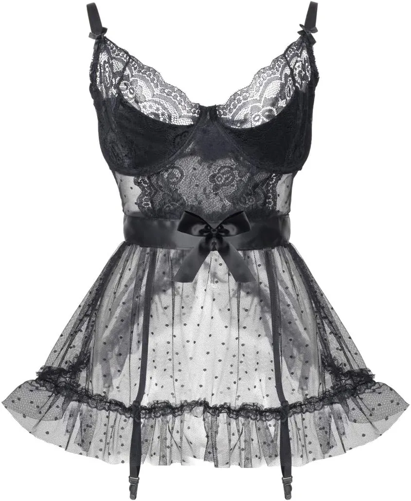 LINGERLOVE Babydoll Lingerie Nightdress for Women Plus Size Sexy Underwire Lace Chemise Sleepwear