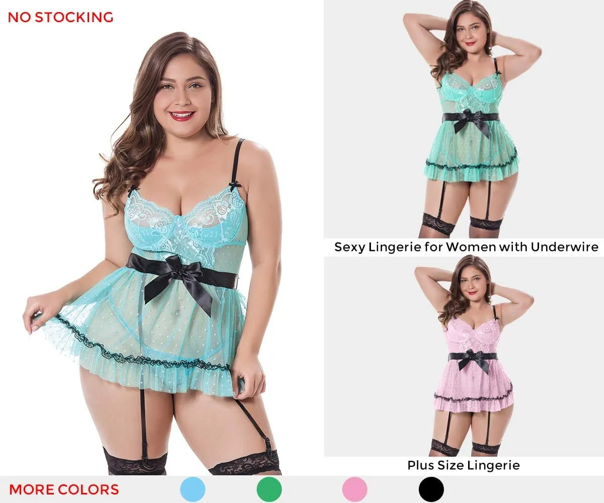 LINGERLOVE Babydoll Lingerie Nightdress for Women Plus Size Sexy Underwire Lace Chemise Sleepwear