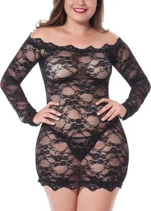 LINGERLOVE Plus Size Women's Sexy Babydoll Dress Lingerie Floral Lace Off Shoulder Chemise Sleepwear