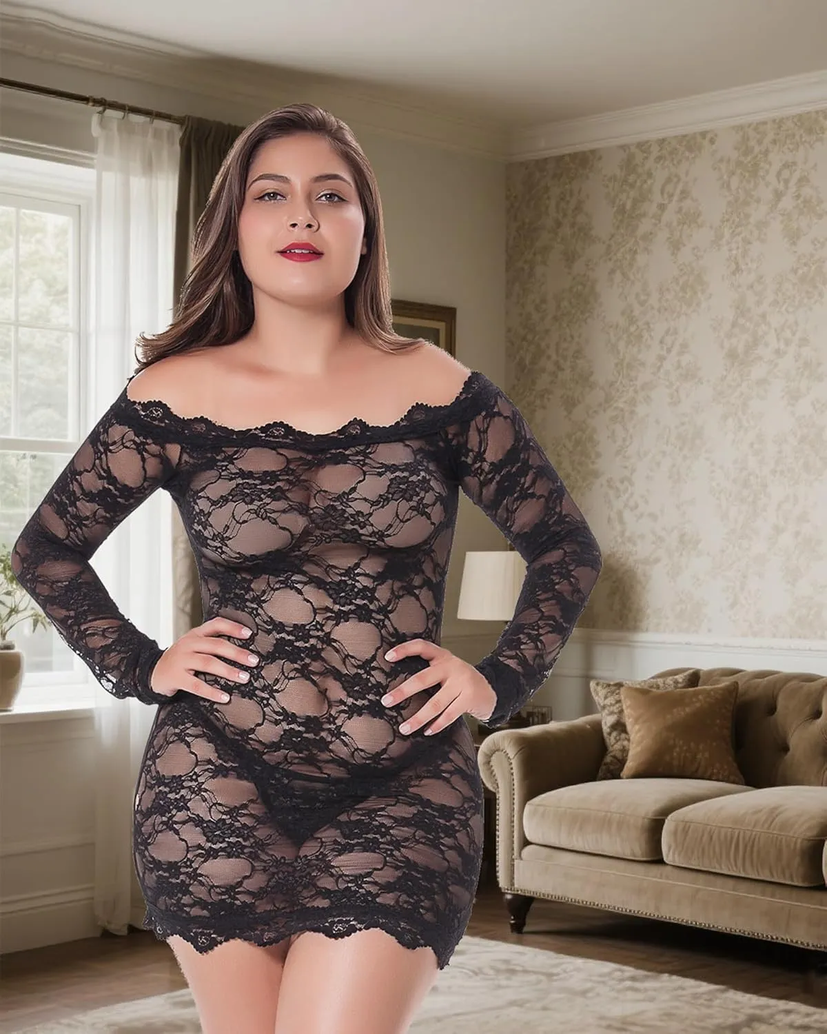 LINGERLOVE Plus Size Women's Sexy Babydoll Dress Lingerie Floral Lace Off Shoulder Chemise Sleepwear