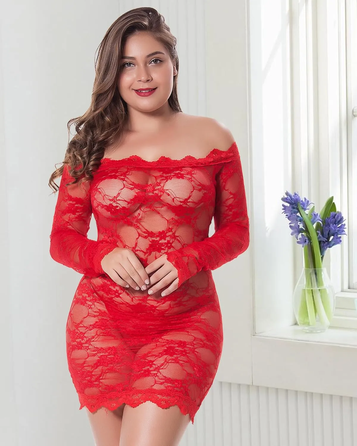 LINGERLOVE Plus Size Women's Sexy Babydoll Dress Lingerie Floral Lace Off Shoulder Chemise Sleepwear