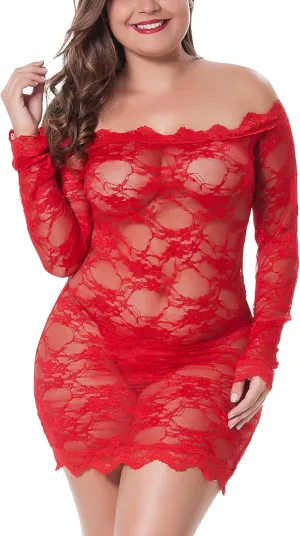 LINGERLOVE Plus Size Women's Sexy Babydoll Dress Lingerie Floral Lace Off Shoulder Chemise Sleepwear